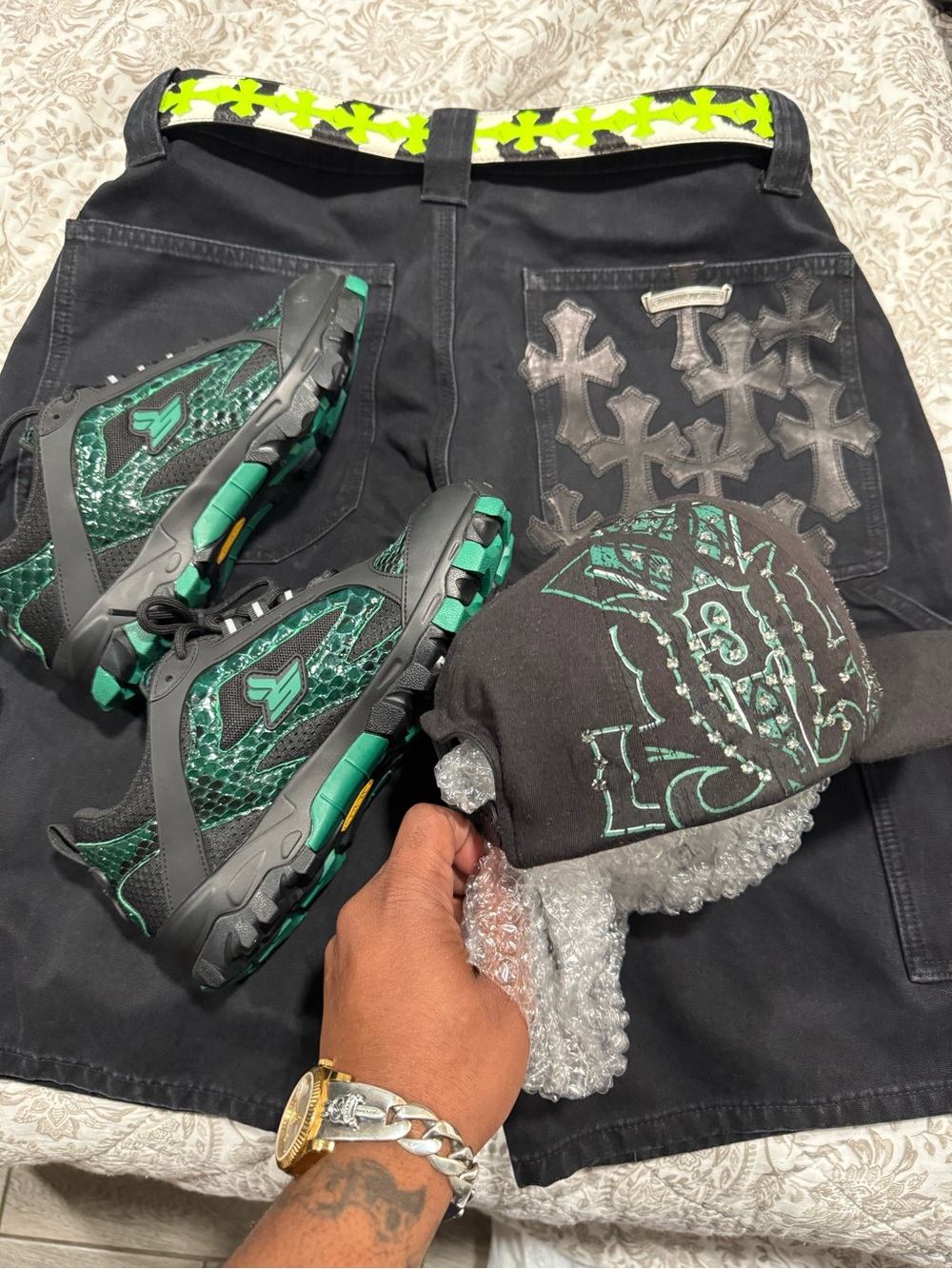 Chrome Hearts Black Cargo Shorts with Neon Green Belt Detail